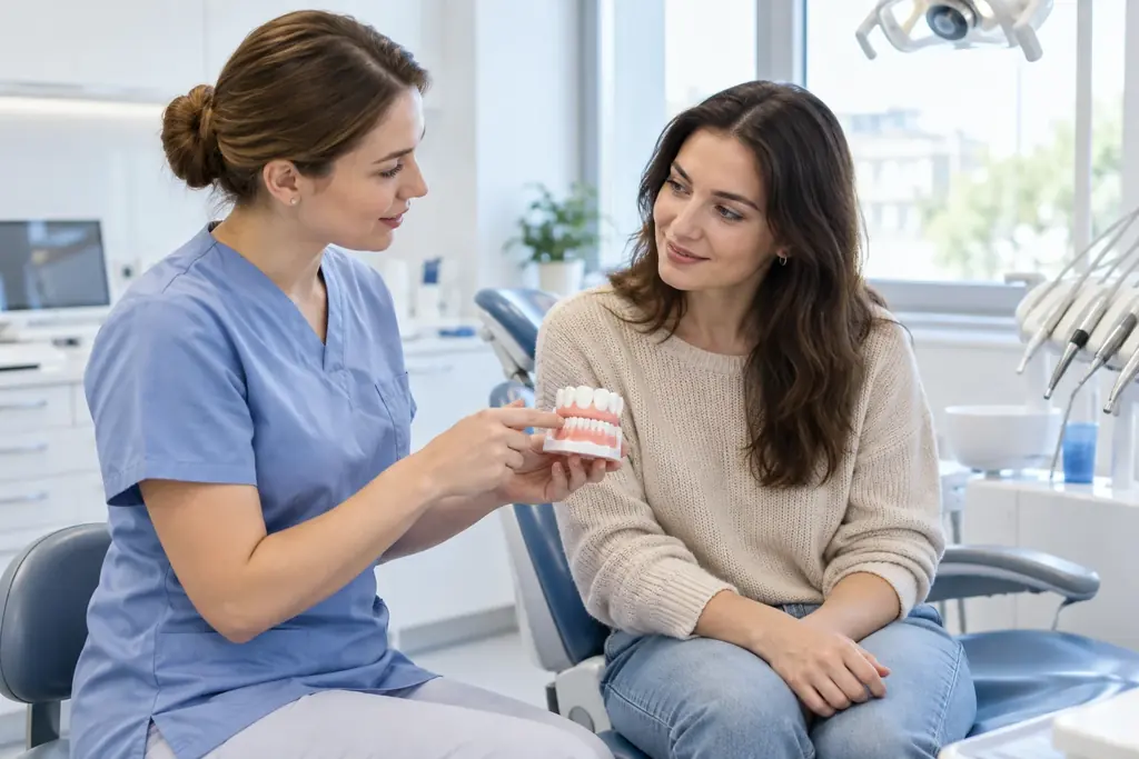 Dentist explains treatment using a dental model