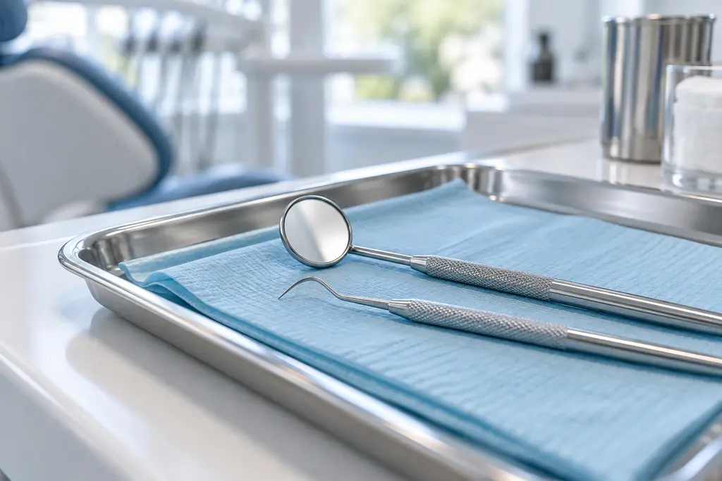 Dental mirror and instrument on a prepared tray
