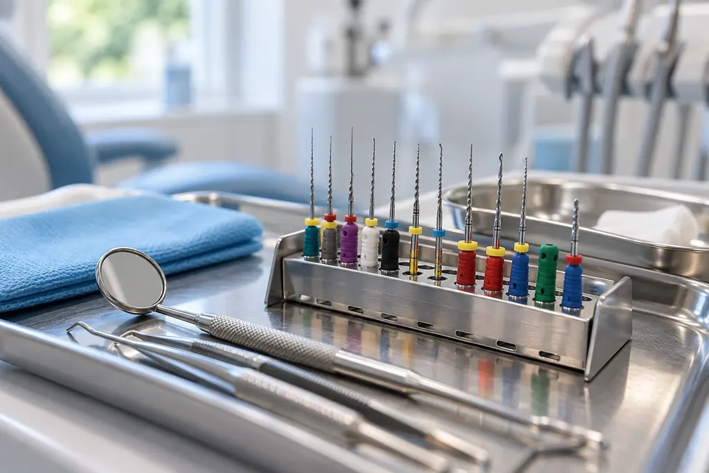 Endodontic instruments in a holder on a dental tray