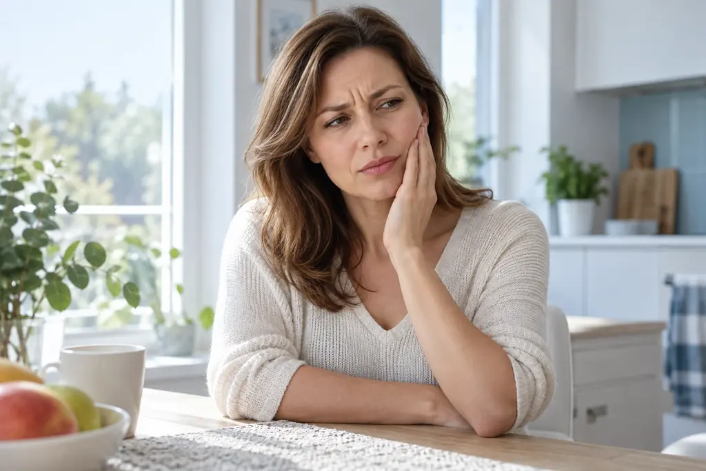 Woman touching her cheek while sitting at home
