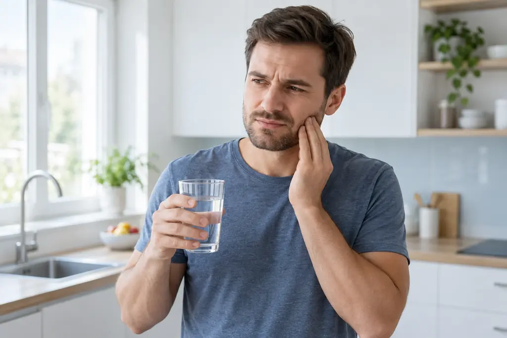 Mann mit einem Glas Wasser berührt seine Wange