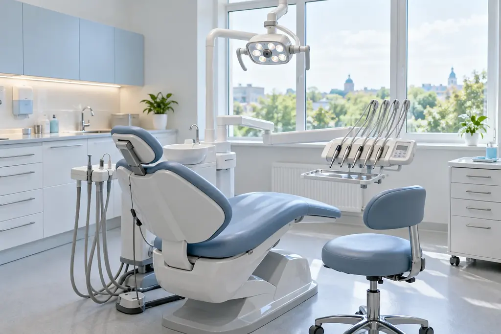 Bright dental room with a chair and equipment